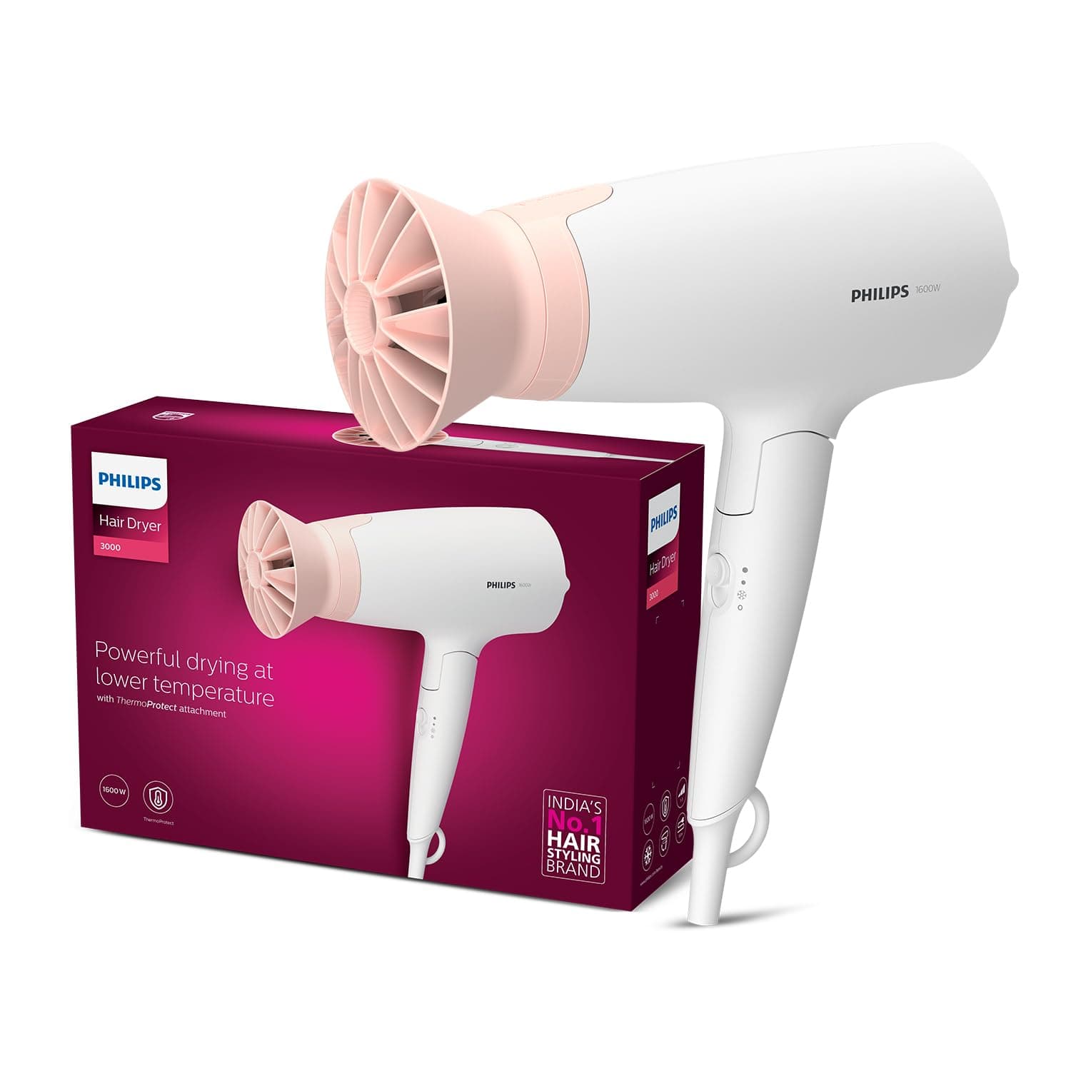 Philips Foldable Hair Dryer 1600 Watts| Powerful Salon-like Blow Drying with Less Heat | 3 Heat Settings with Cool Shot (Hot/Cool/Warm) | ThermoProtect Airflower Attachment- Pink | BHD308/30 - White | Perfect Blow Dry & Style for Men and Women | 2 years Warranty