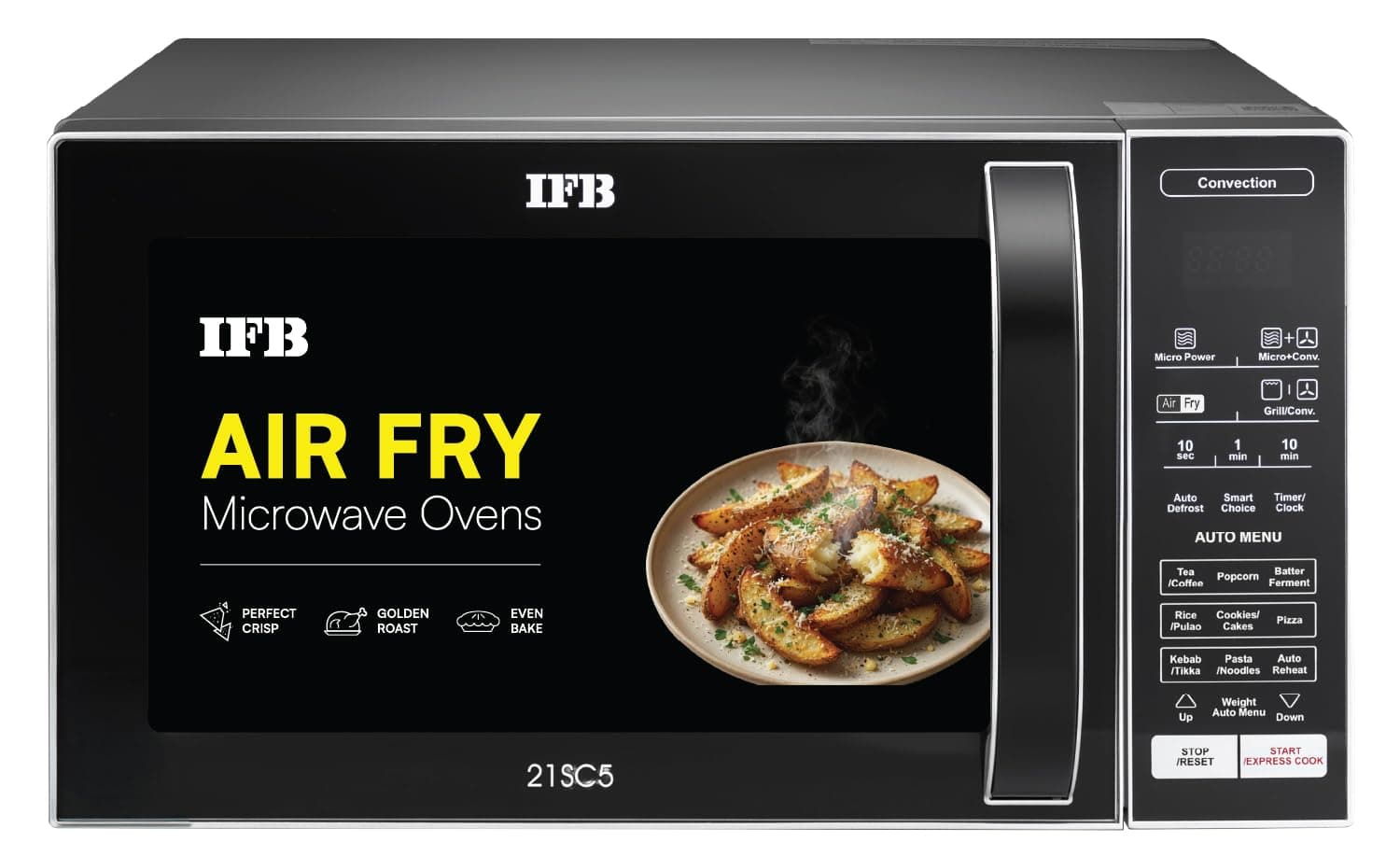 IFB 21L Air Fry Convection Microwave with 5 in 1 Versatility Bake, Grill, Roast, Reheat & Multi-Stage Cooking, Auto Cook Menus (21SC5, Silver, Weight Defrost, Steam Clean, 10 Power Levels)