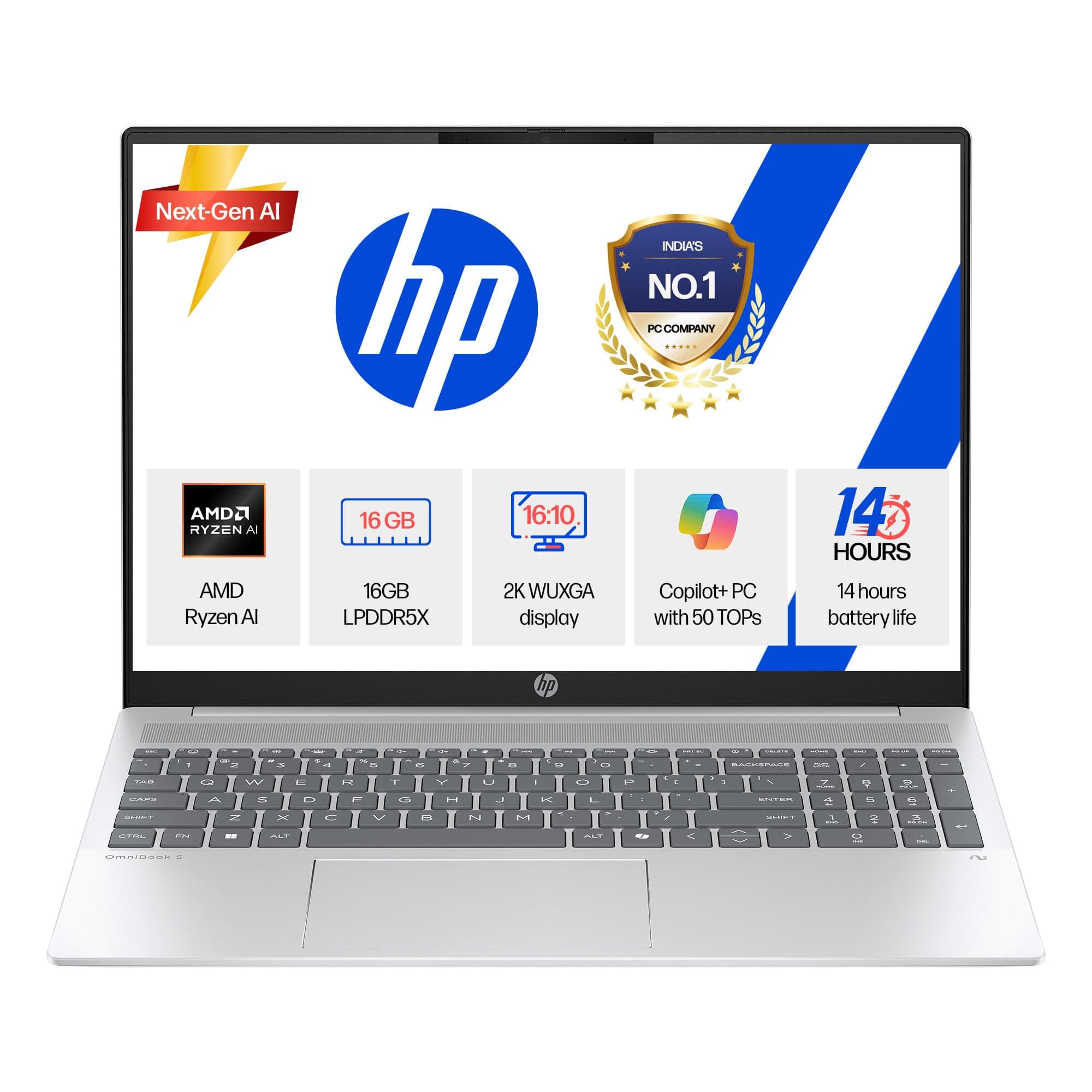 HP Smartchoice OmniBook 5 (Previously Pavilion) 50 Tops, AMD Ryzen AI 5 340 (16GB LPDDR5X, 512GB SSD) WUXGA 2K, 16''/40.6cm, Win11, Office24, Silver, 1.79kg, ag1037au, Type-C Charging, AI Laptop